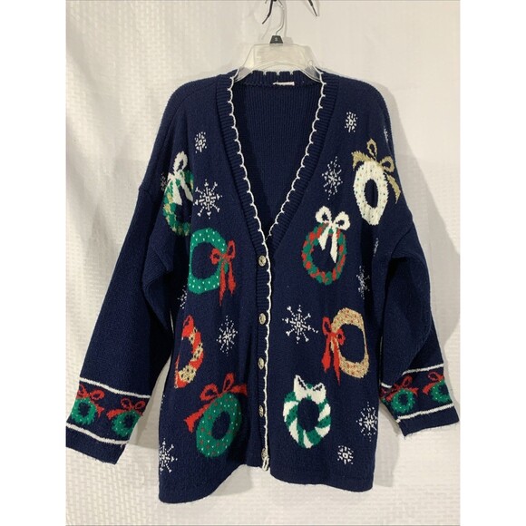 Vintage Nutcracker Christmas Sweater Cardigan Womens 2X  XL Navy Wreaths - Picture 1 of 7